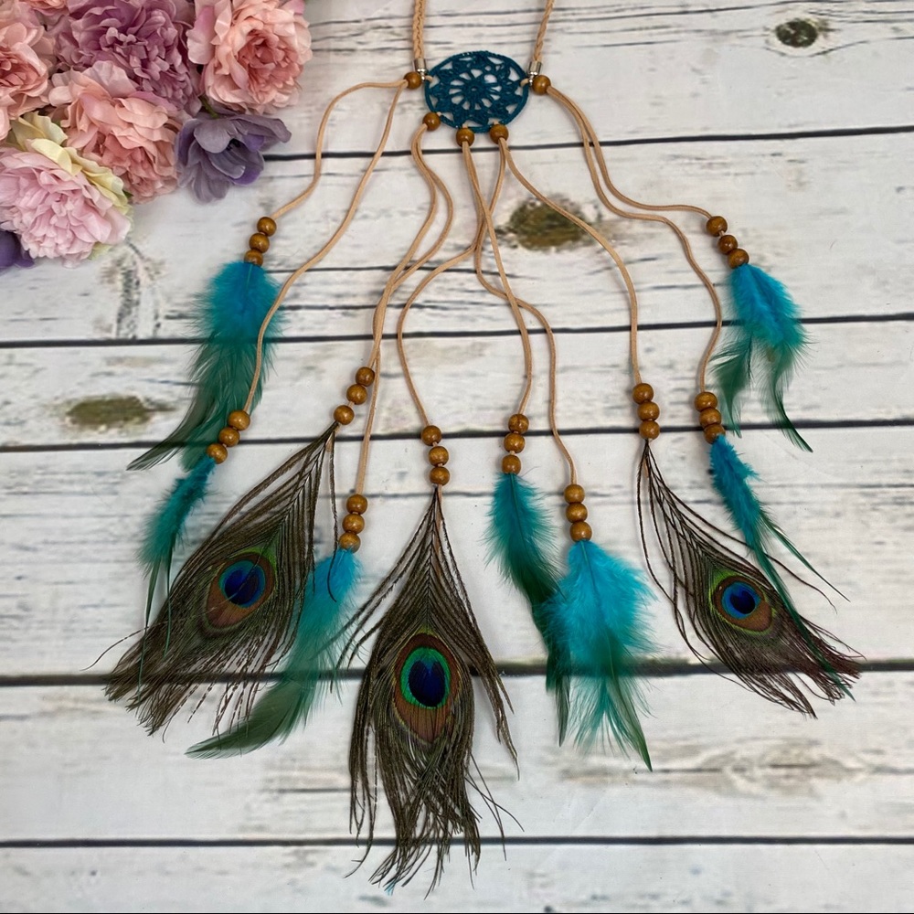 Boho Peacock & Blue Feather Dreamcatcher Headdress - Picture 7 of 11